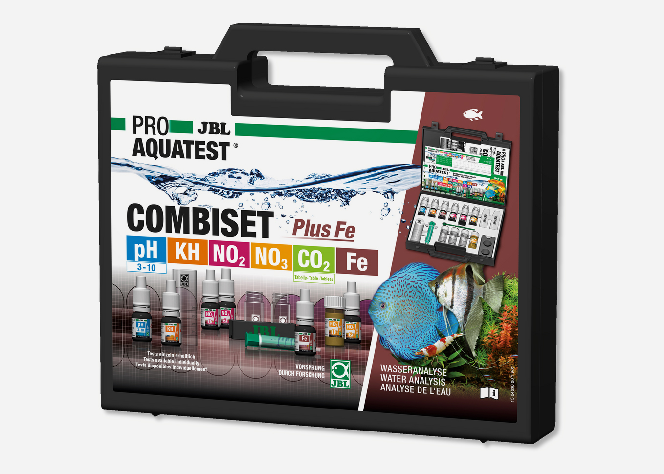 Front view of the test case. The large label shows the content of the case and its components for the measuring of water quality.