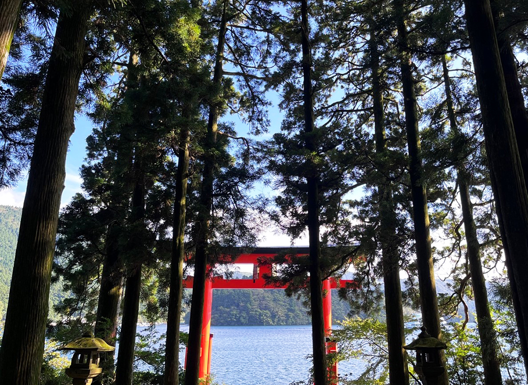 Gate of the Hakone shrine, which symbolizes the transition from the secular to the world of the gods. Through the gate and up the steep climb you reach the main hall. Shrine visitors usually pray for a happy marriage, prosperity, safety in travel and happiness.