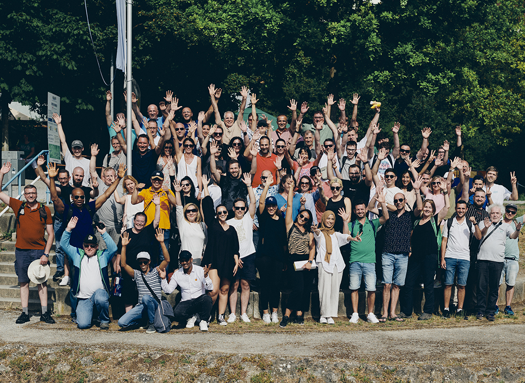 The robos-labels team at the company excursion in 2023 on the Neckar River.