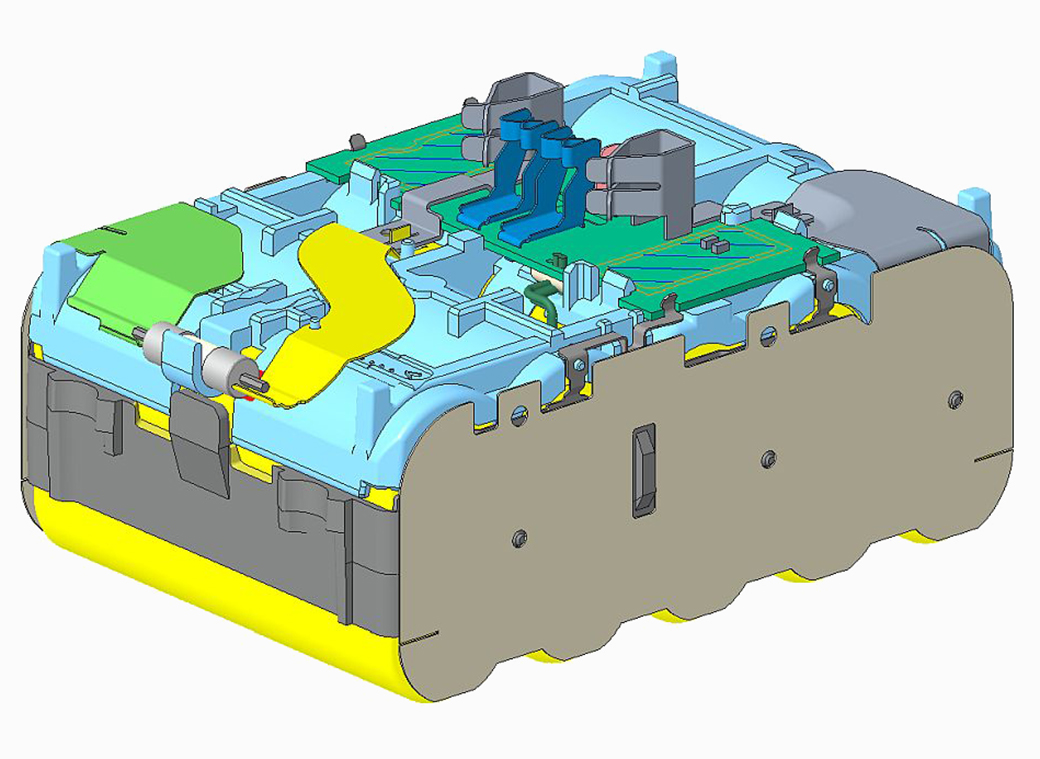 A look inside the tool battery: the dust protection label is attached to the front. The punched holes in the label are intended for small screws.