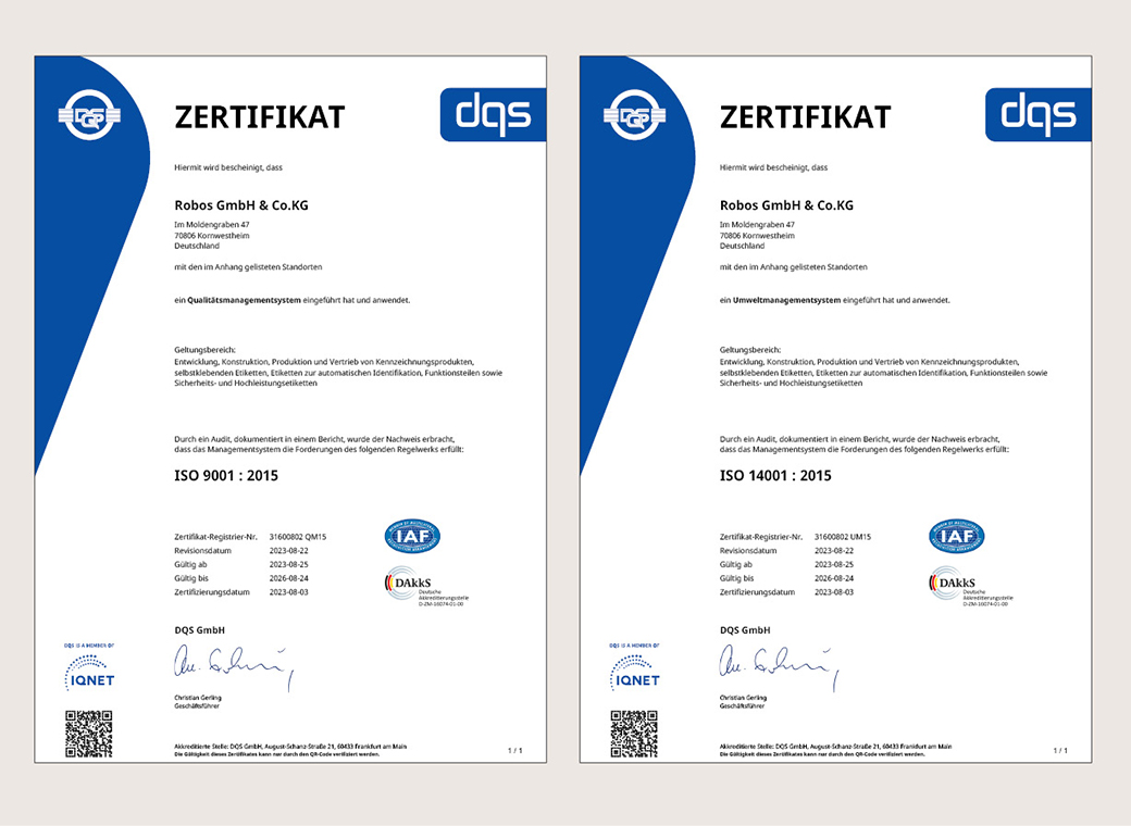 The certificates for the quality- and environmental management system are valid until August 28th, 2026.
